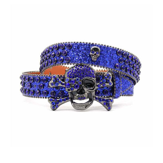 Metal Skull Buckle Shiny Blue Strap With Blue Studded Rhinestone Belt