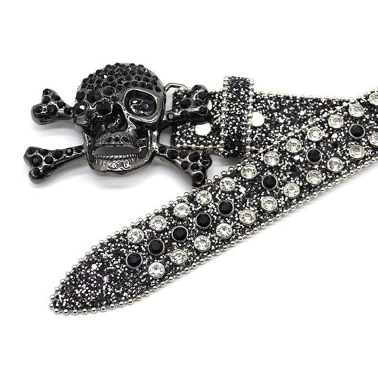 Metal Skull Buckle Shiny Black Strap With Black & Crystal Studded Rhinestone Belt