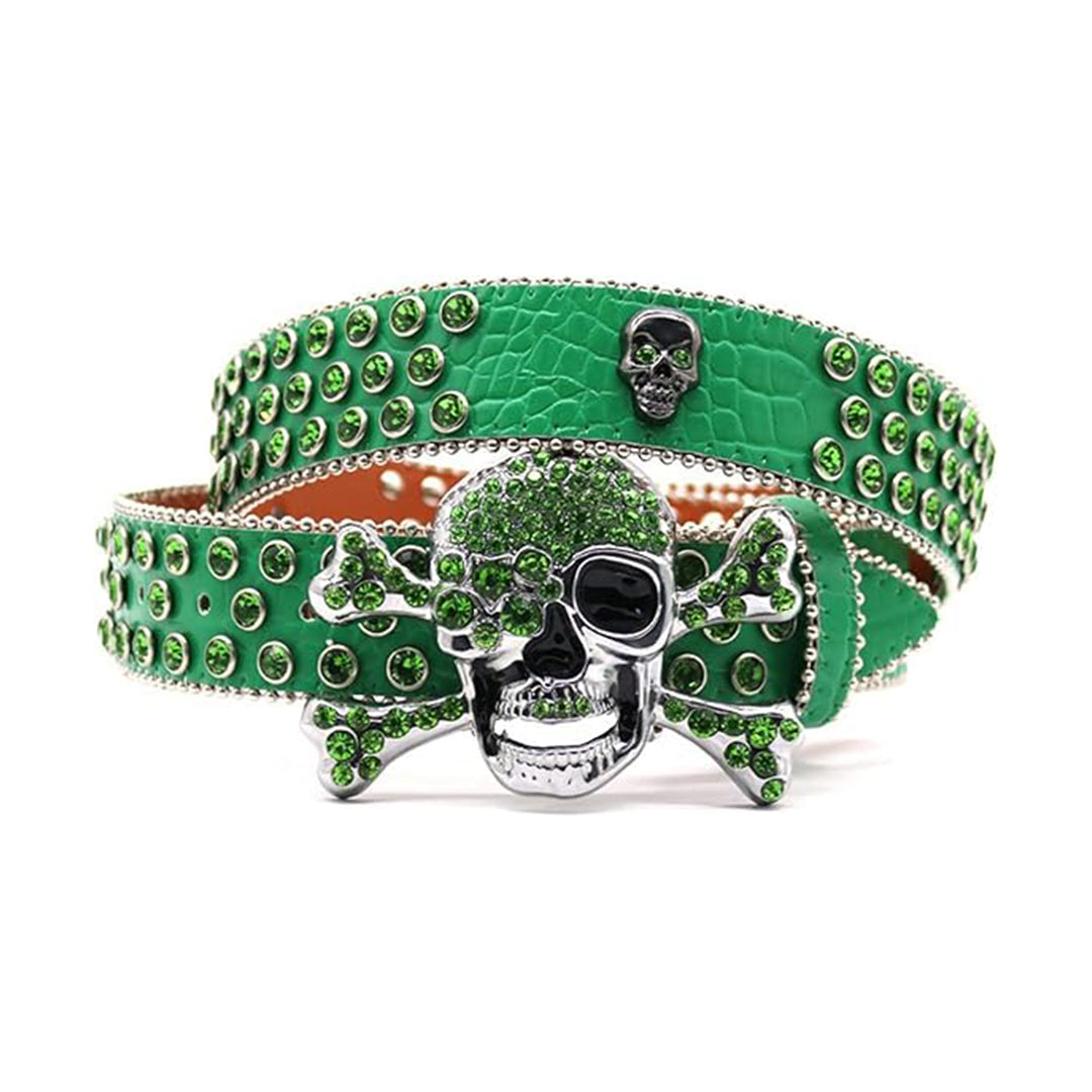 Metal Skull Buckle Green Strap With Green Studded Rhinestone Belt