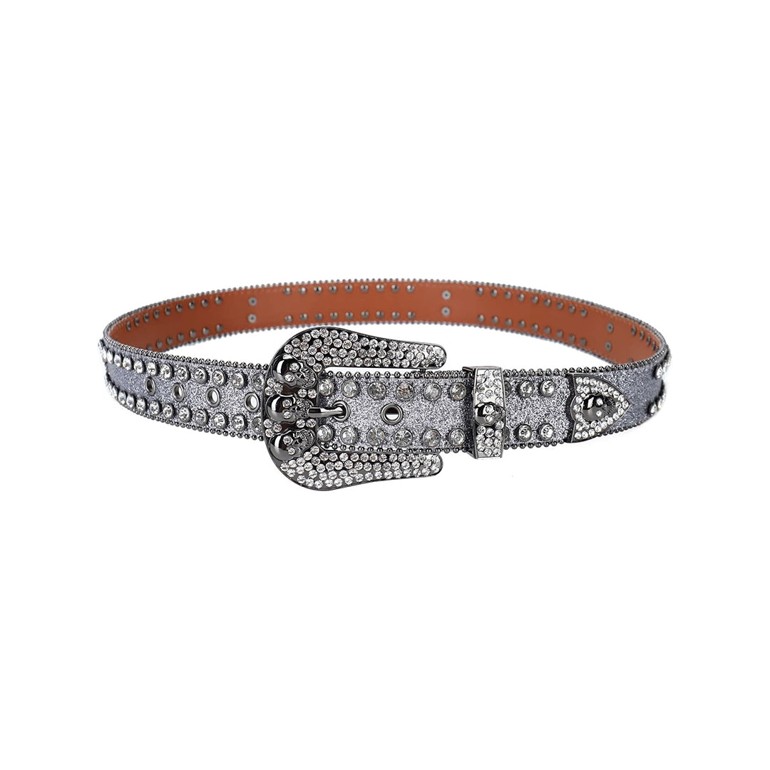 Skull Buckle Shiny Silver Strap With Silver Studded Rhinestone Belt