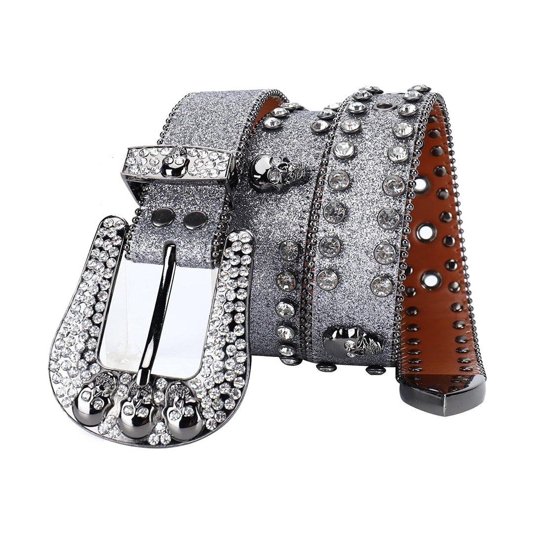 Skull Buckle Shiny Silver Strap With Silver Studded Rhinestone Belt