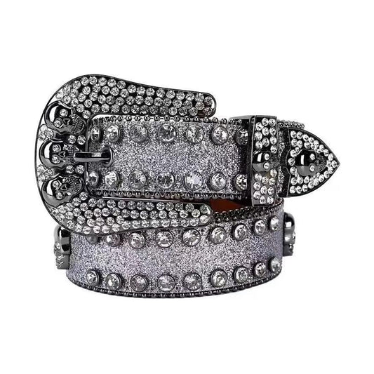 Skull Buckle Shiny Silver Strap With Silver Studded Rhinestone Belt