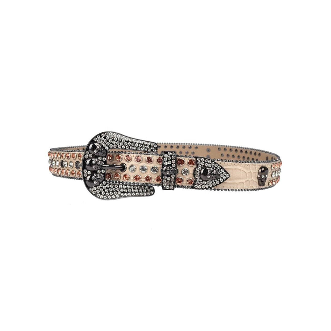 Skull Buckle Beige Strap With Beige & Crystal Studded Rhinestone Belt