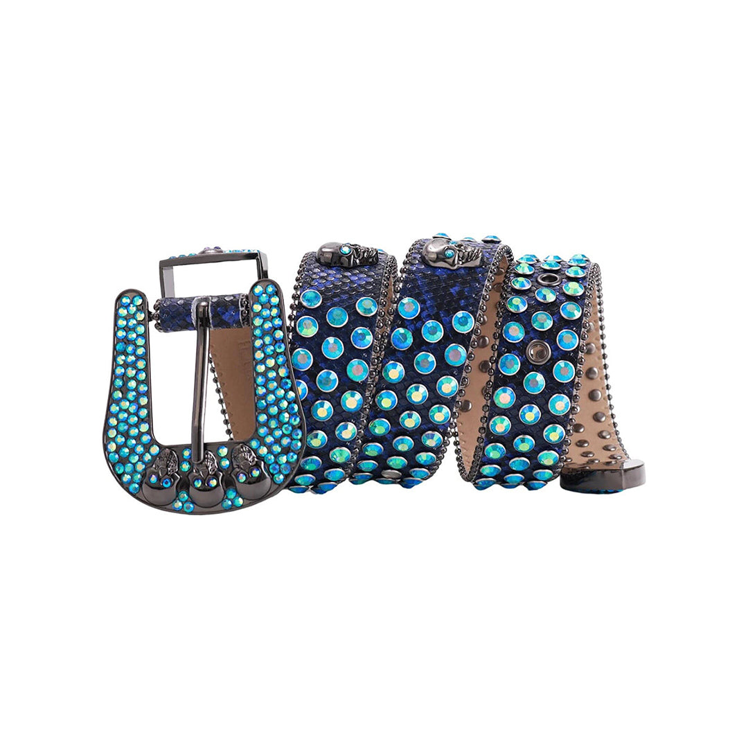 Skull Buckle Blue Strap With Aqua Studded Rhinestone Belt