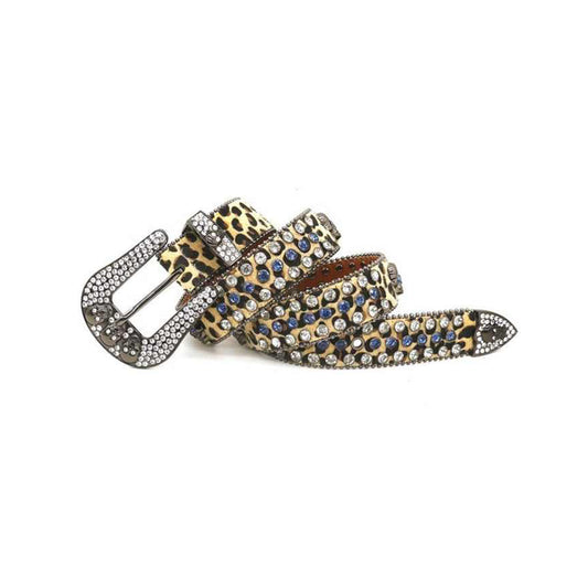 Skull Buckle Suede Leopard Print Strap With Blue & Crystal Studded Rhinestone Belt