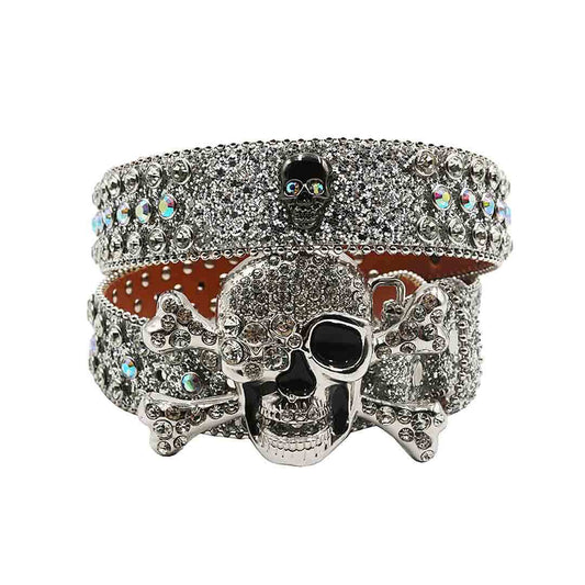 Metal Skull Buckle Shiny Silver Strap With Crystal Studded Rhinestone Belt