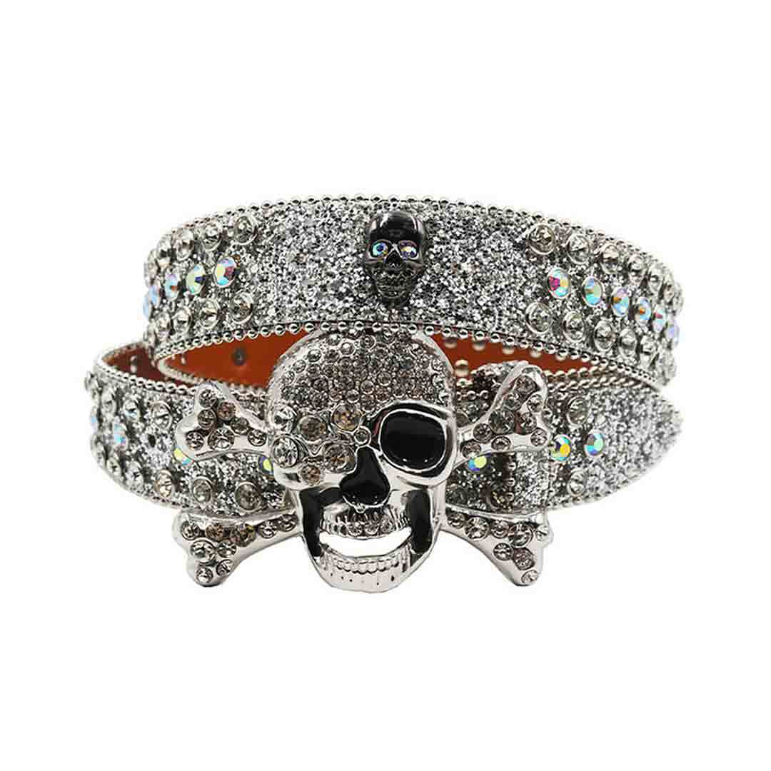 Metal Skull Buckle Shiny Silver Strap With Crystal Studded Rhinestone Belt