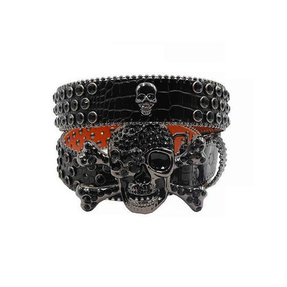 Metal Skull Buckle Black Strap With Black Studded Rhinestone Belt