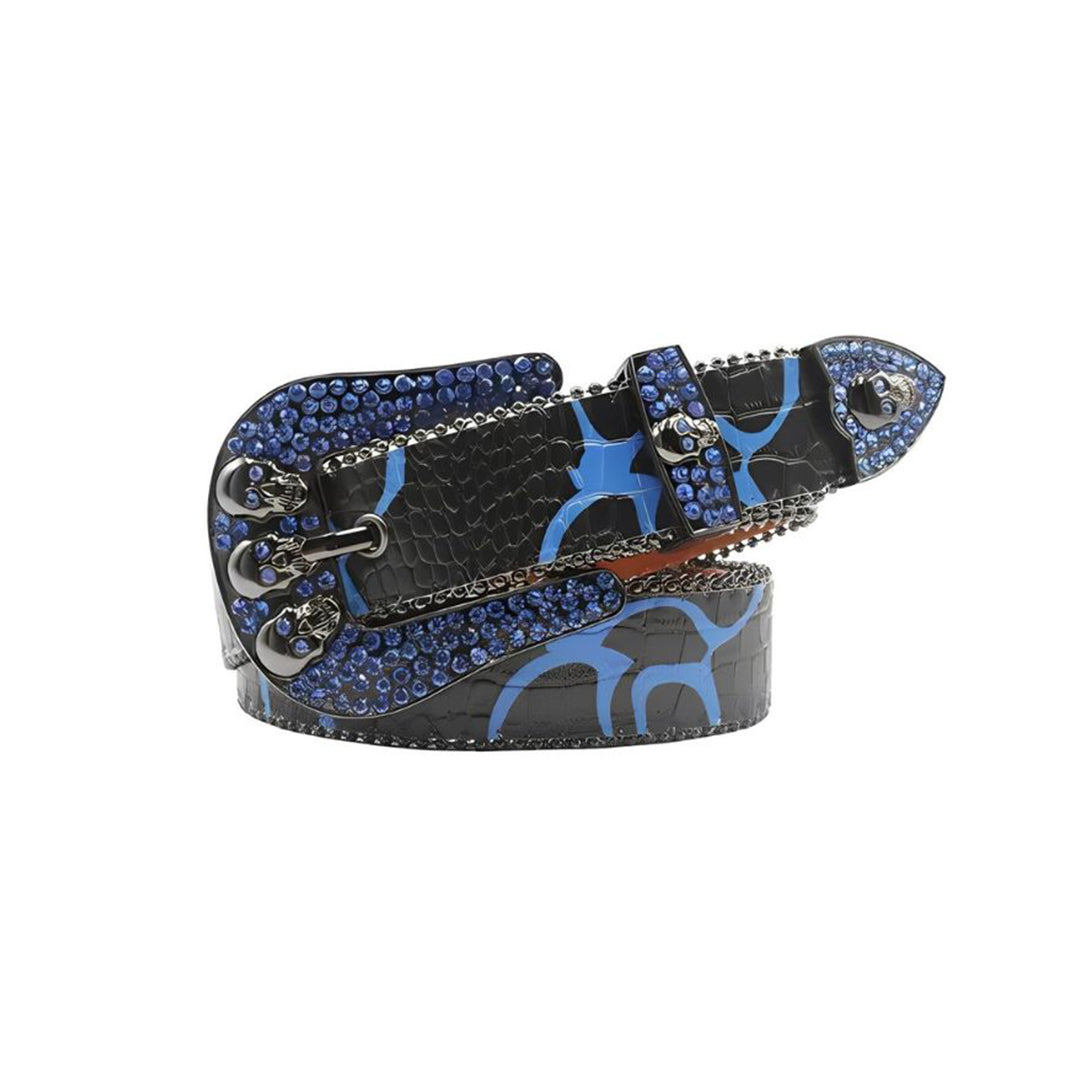 Skull Buckle Black Strap With Blue Studded Rhinestone Belt
