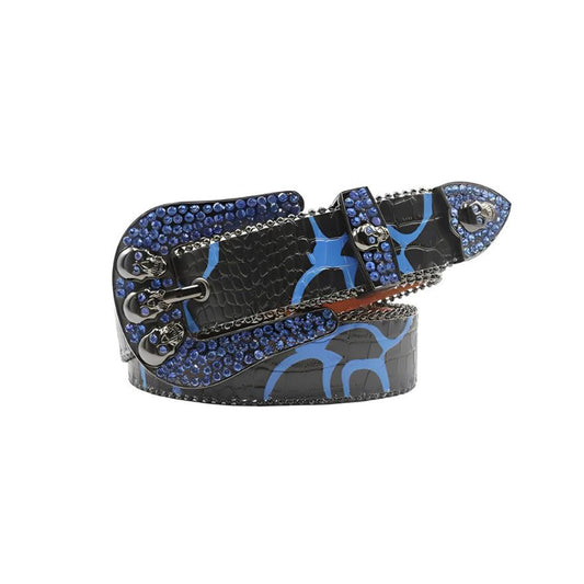 Skull Buckle Black Strap With Blue Studded Rhinestone Belt
