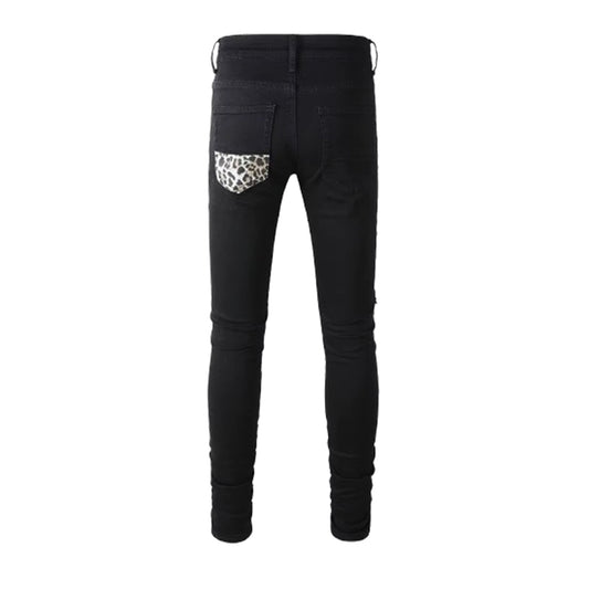 Men's Leopard Print Patch Skinny Denim Jeans
