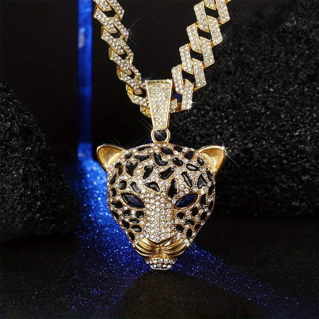 Iced Out Zinc Alloy Diamond Leopard Pendant Necklace