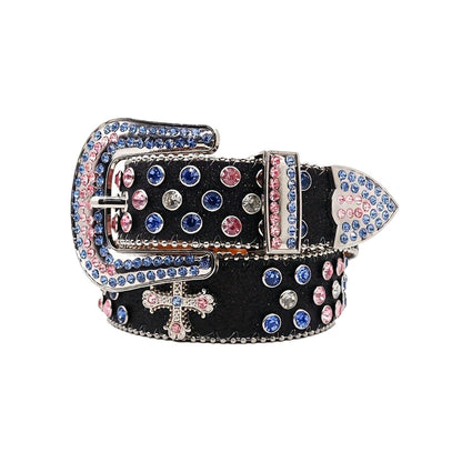 Glam Black Strap With Blue & Pink Studded Cross Rhinestone Belt