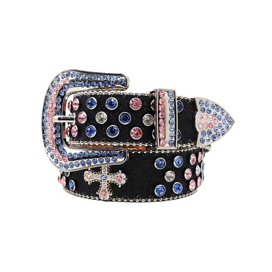 Glam Black Strap With Blue & Pink Studded Cross Rhinestone Belt
