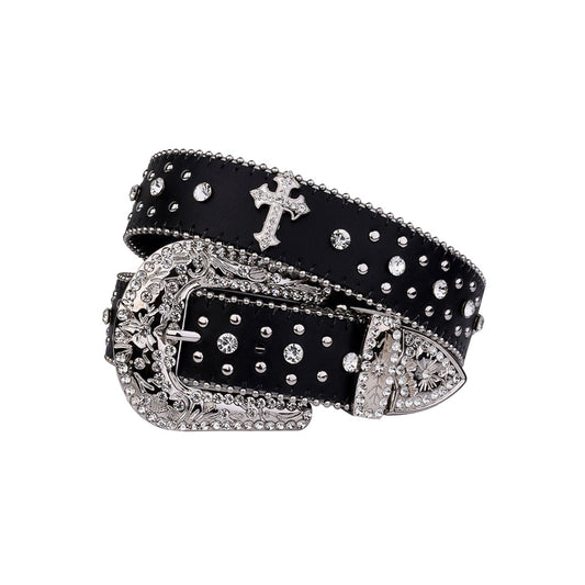 Engraved Buckle Black Strap With Crystal Studded Cross Rhinestone Belt