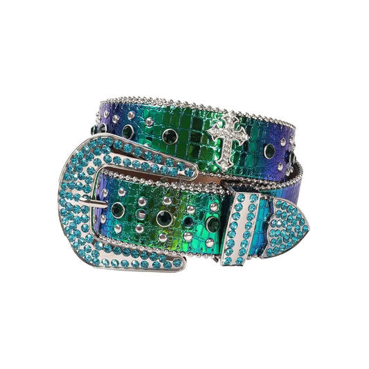 Multi Shadded Green Strap With Metal Studded Cross Belt