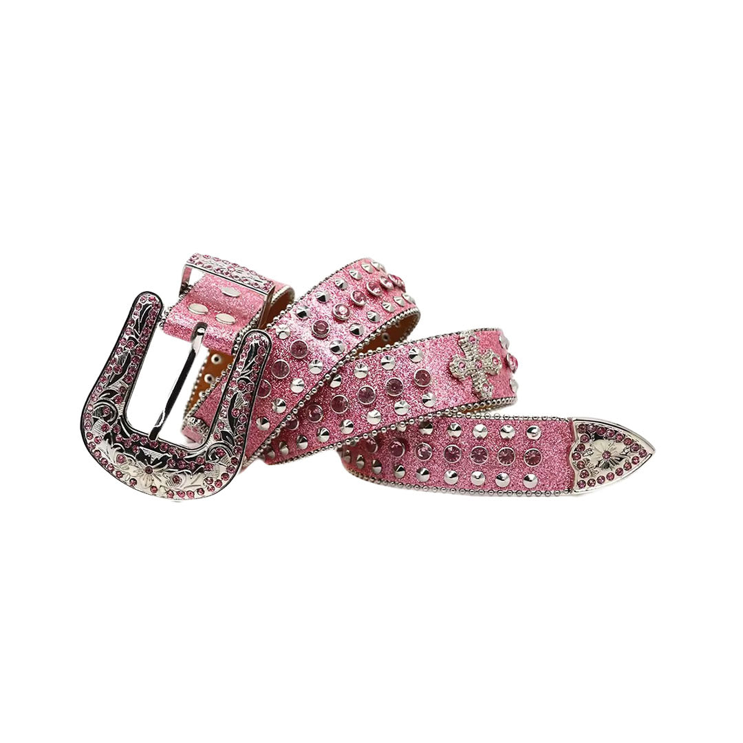 Pink Strap With Metal Studded Cross Rhinestone Belt