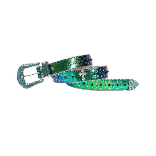 Multi Shadded Green Strap With Metal Studded Cross Belt