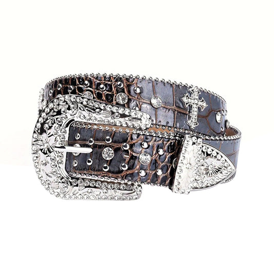 Patterned Brown Strap With Crystal Studded Cross Belt