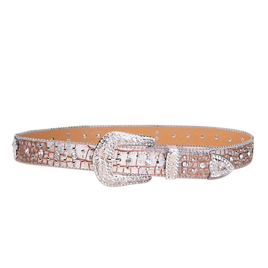 Patterned Beige Strap With Crystal Studded Cross Rhinestone Belt