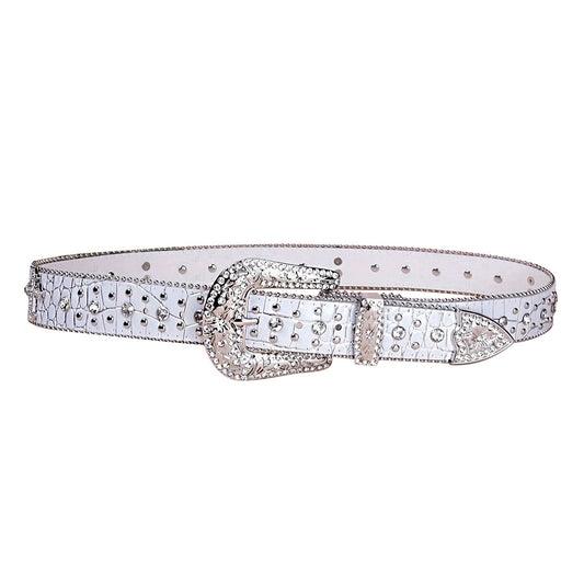 Patterned White Strap With Crystal Studded Cross Rhinestone Belt