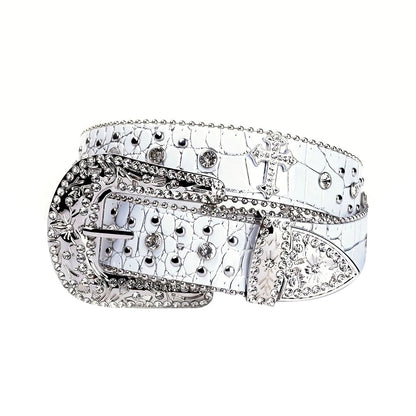 Patterned White Strap With Crystal Studded Cross Rhinestone Belt