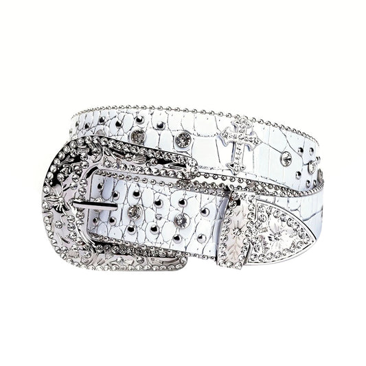 Patterned White Strap With Crystal Studded Cross Rhinestone Belt