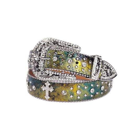 Distressed Multi Shaded Cross Rhinestone Belt