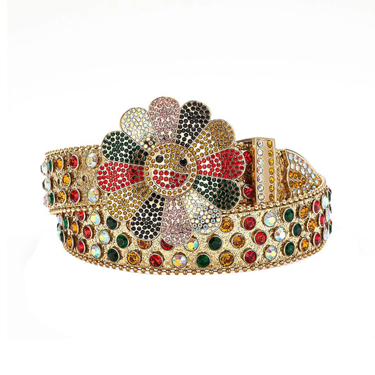 Floral Buckle Gold Strap With Multi Studded Rhinestone Belt