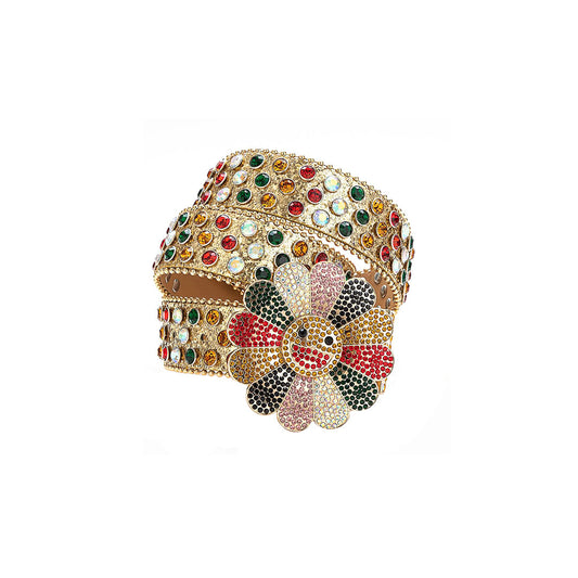 Floral Buckle Gold Strap With Multi Studded Rhinestone Belt
