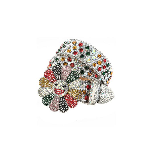 Floral Buckle Silver Strap With Multi Studded Rhinestone Belt