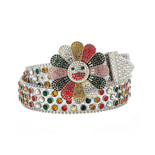 Floral Buckle Silver Strap With Multi Studded Rhinestone Belt