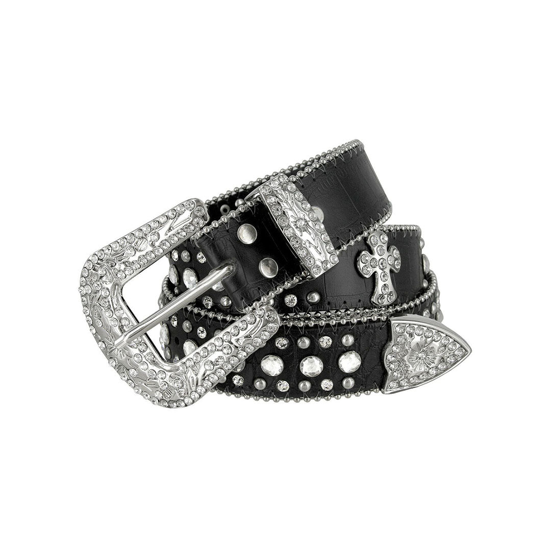 Blod Cross Black Strap With Metal Studded Rhinestone Belt