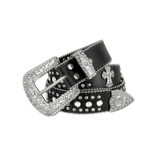 Blod Cross Black Strap With Metal Studded Rhinestone Belt