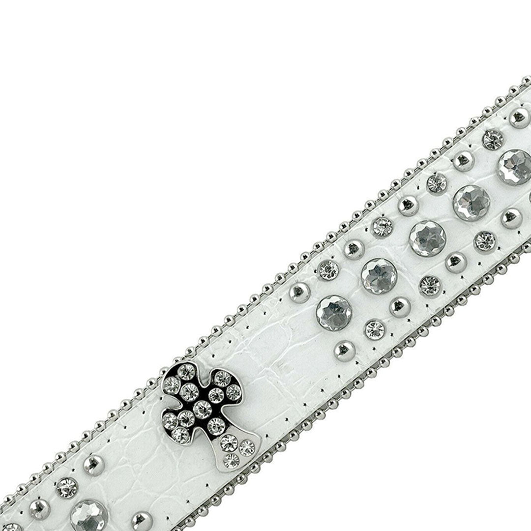 Blod Cross White Strap With Metal Studded Rhinestone Belt
