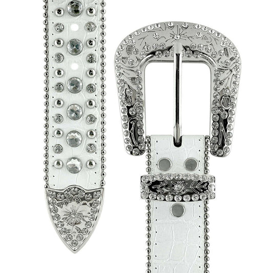 Blod Cross White Strap With Metal Studded Rhinestone Belt