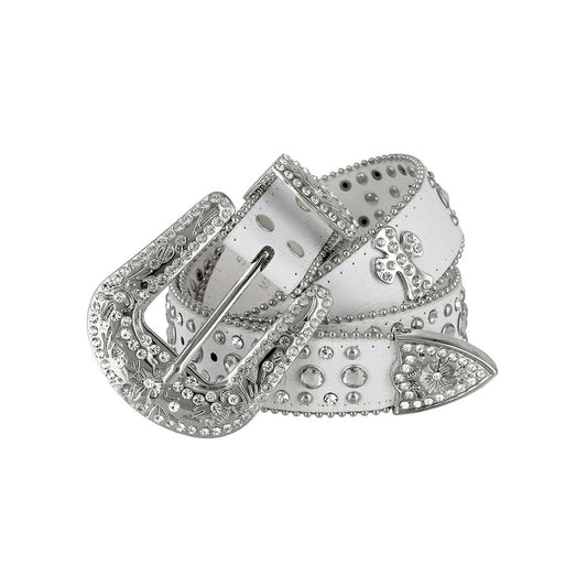 Blod Cross White Strap With Metal Studded Rhinestone Belt