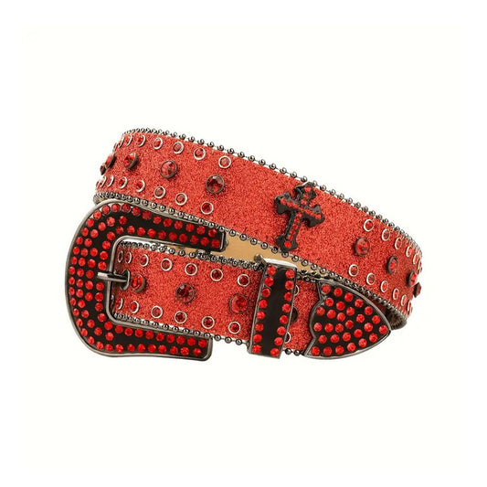 Western Bling Red Strap With Red Studded Cross Rhinestone Belt