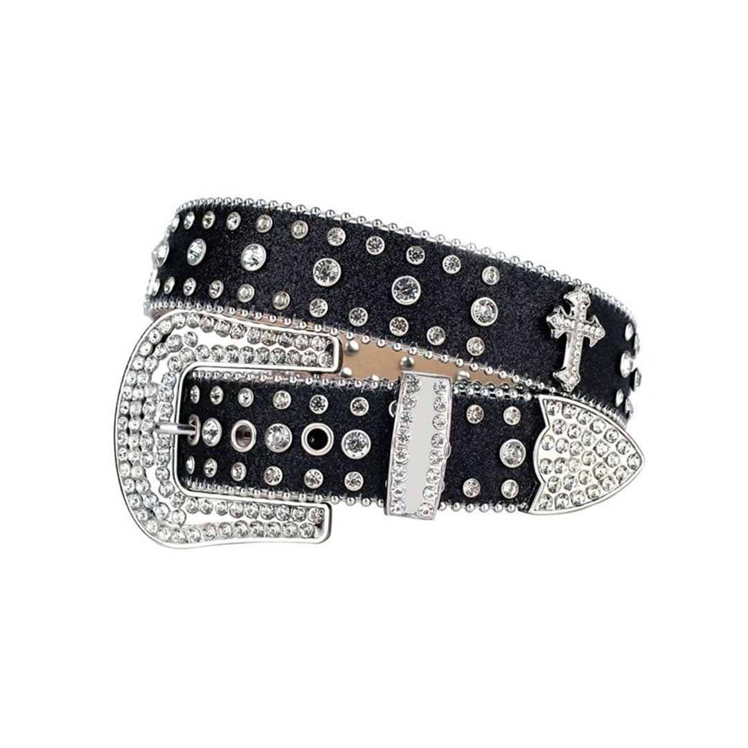 Western Bling Black Strap With Crystal Studded Cross Rhinestone Belt