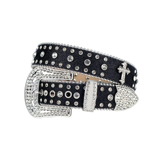 Western Bling Black Strap With Crystal Studded Cross Rhinestone Belt