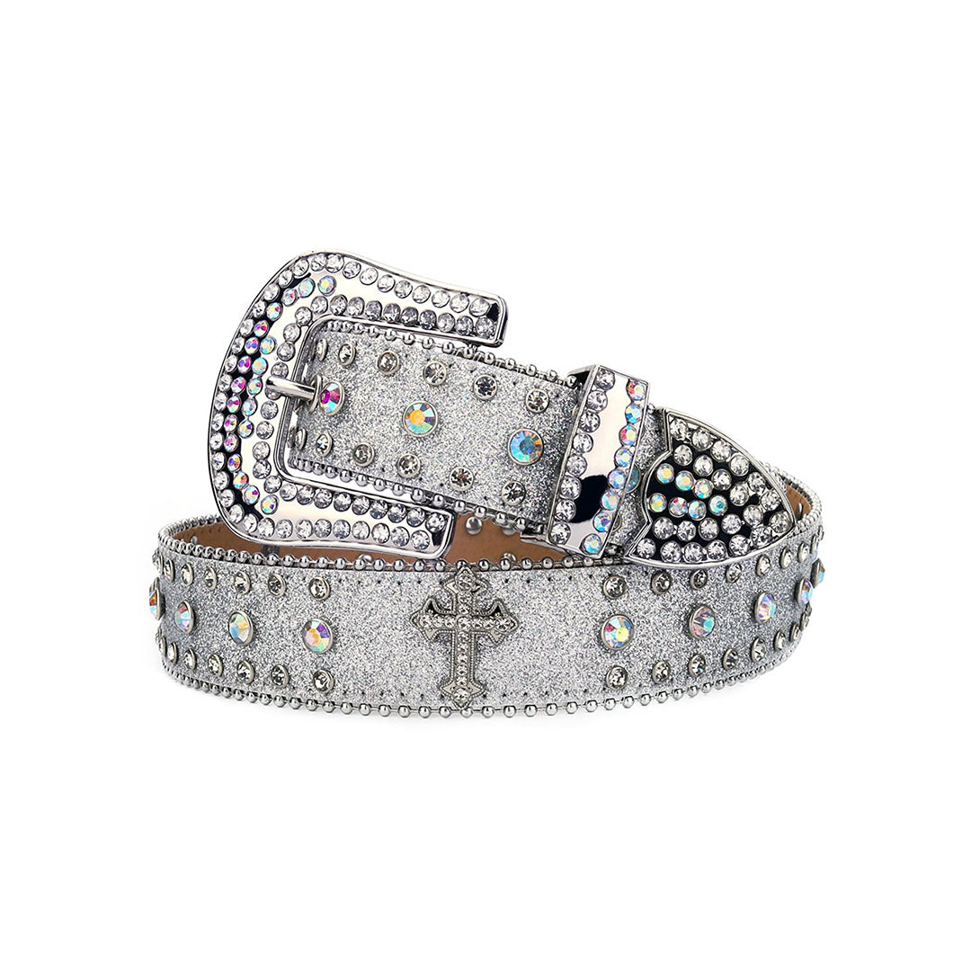 Western Bling Silver Strap With Crystal Studded Cross Rhinestone Belt