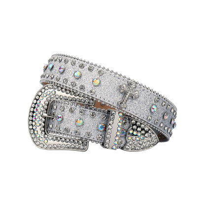 Western Bling Silver Strap With Crystal Studded Cross Rhinestone Belt