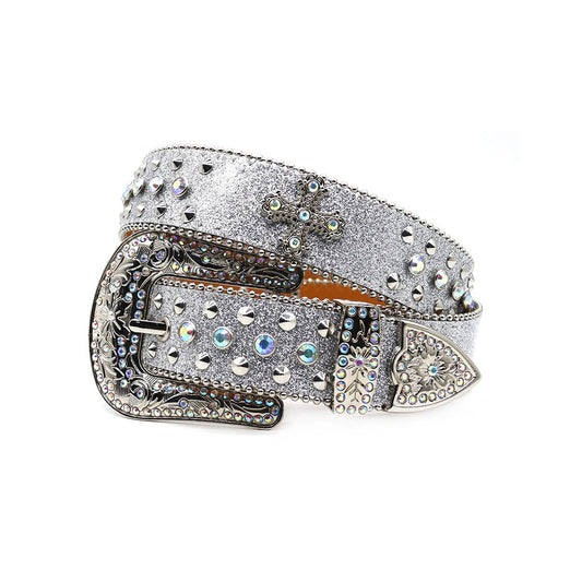 Shiny Silver Strap With Metal Studded Cross Rhinestone Belt