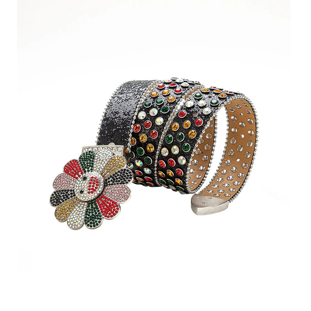 Floral Buckle Black Strap With Multi Studded Rhinestone Belt