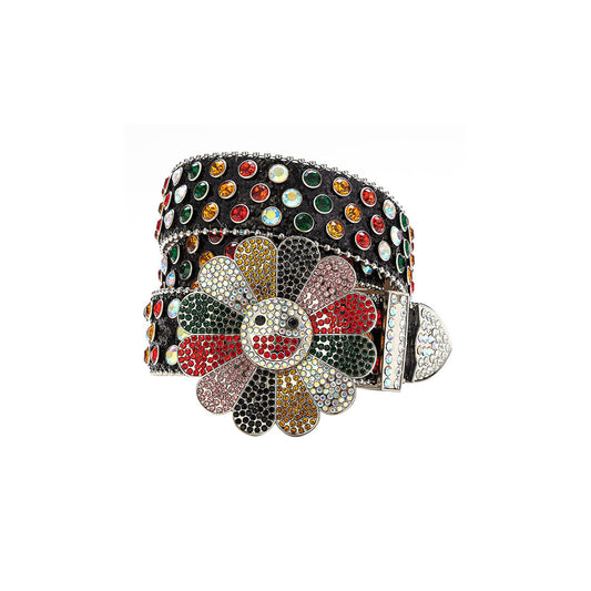 Floral Buckle Black Strap With Multi Studded Rhinestone Belt