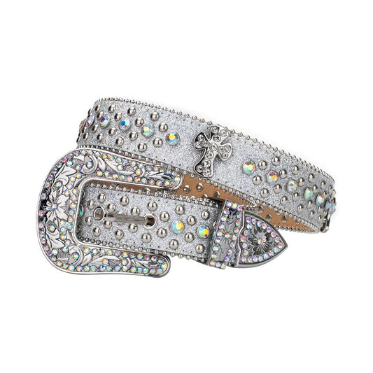 Cross Bling Silver Strap With Crystal Studded Rhinestone Belt