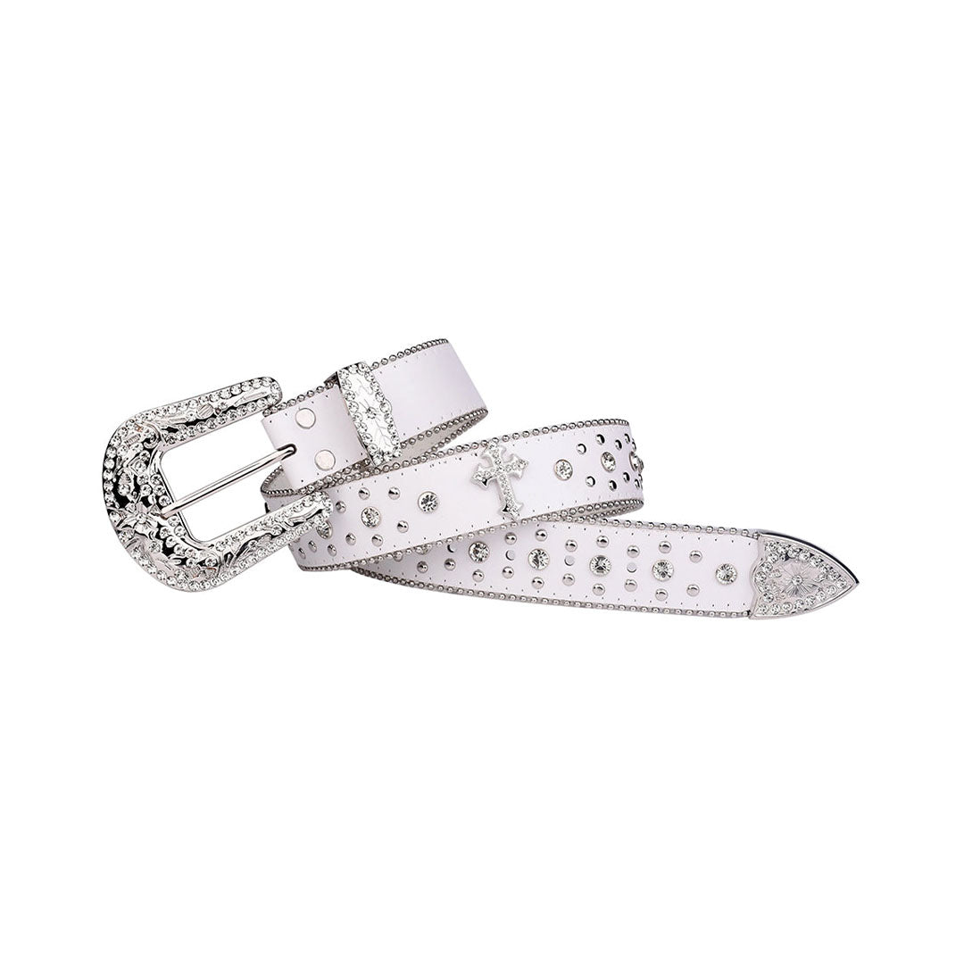 Engraved Buckle White Strap With Crystal Studded Cross Rhinestone Belt