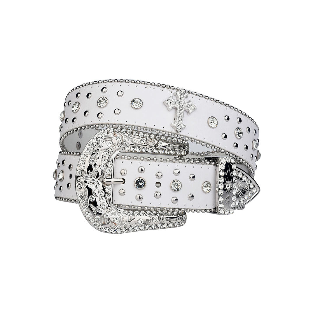Engraved Buckle White Strap With Crystal Studded Cross Rhinestone Belt