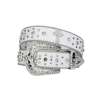 Engraved Buckle White Strap With Crystal Studded Cross Rhinestone Belt