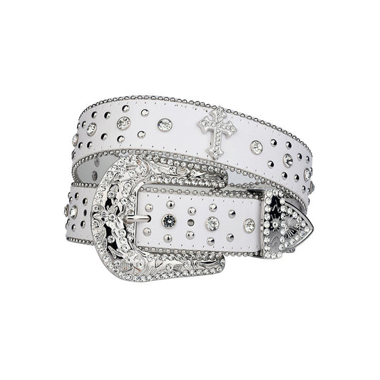 Engraved Buckle White Strap With Crystal Studded Cross Rhinestone Belt